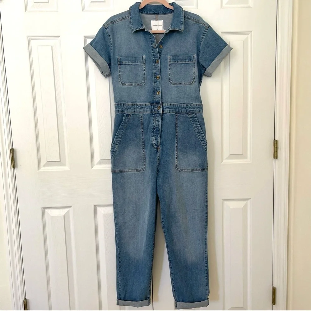 Celebrity Pink Denim Utility Painters Overalls Jumpsuit - Picture 2 of 16